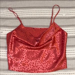 Pink satin cowl neck crop top